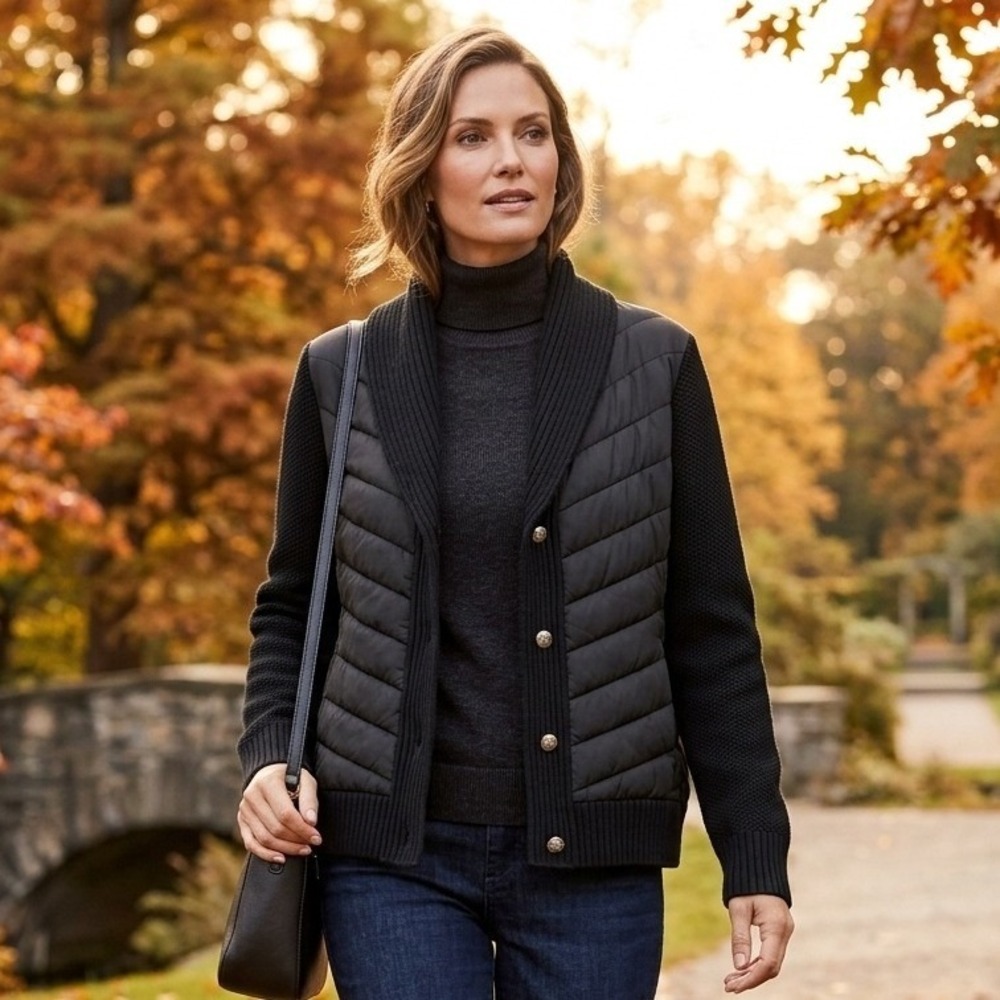 Talbots Hybrid Puffer Cardigan Women XL Black Quilted Knit Shawl Jacket NWT NEW